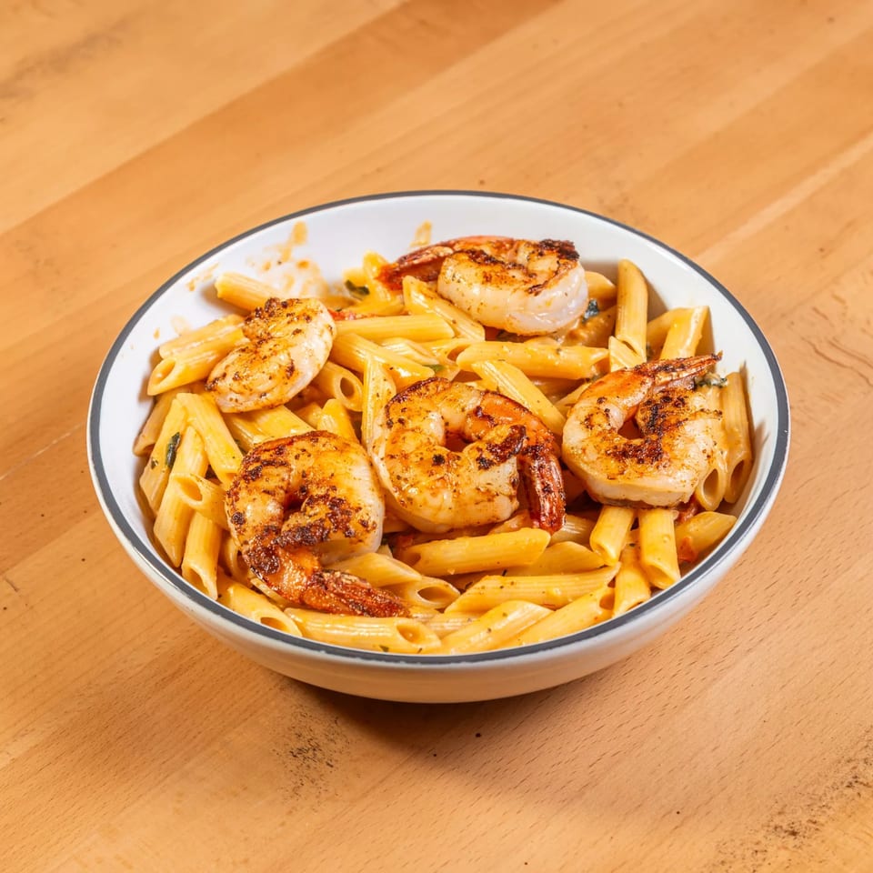 Rincon Italiano's penne pasta with grilled shrimp in a creamy sauce, served in a white bowl.