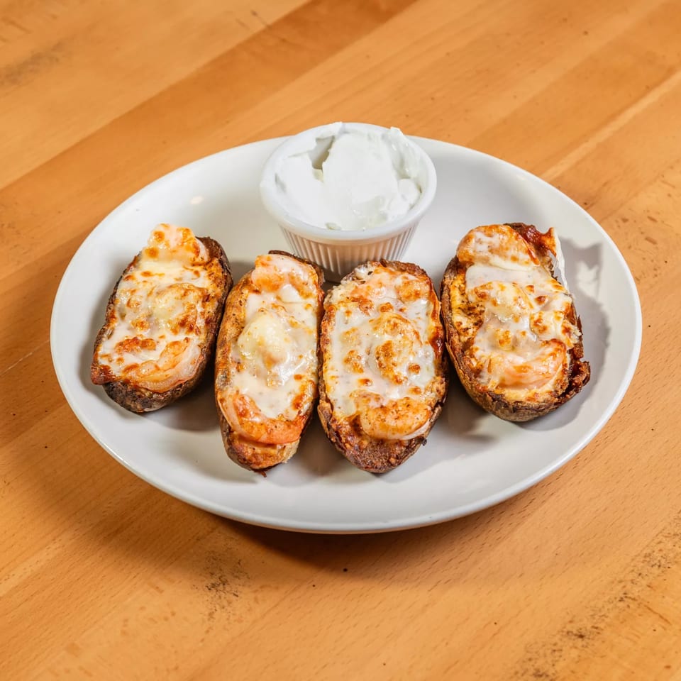 Four shrimp and cheese stuffed potato skins with a side of sour cream on a white plate.