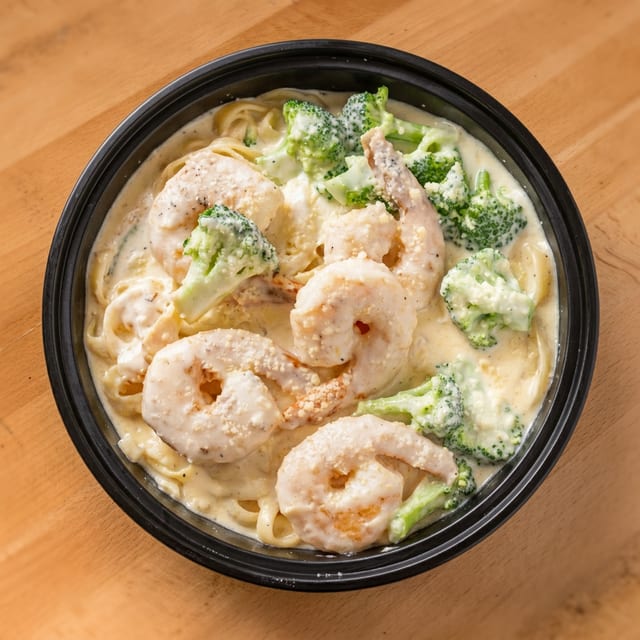 Shrimp Alfredo Over Pasta.